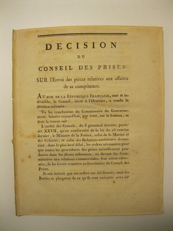 Decision du Conseil des prises sur l'envoi des pie'ces relatives …