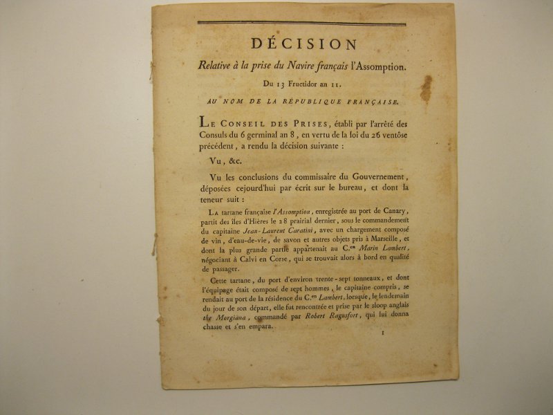 Decision relative a' la prise du Navire francais l'Assomption Du …