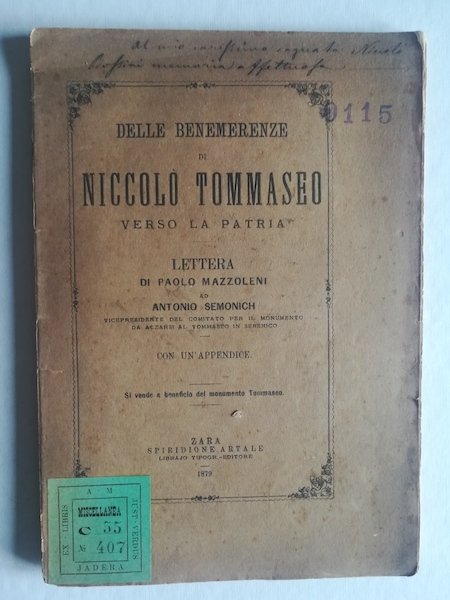 Delle benemerenze di Niccolo' Tommaseo verso la patria. Lettera. ad …