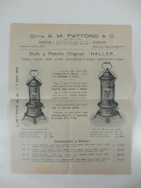 Ditta A. M. Pattono & C. Genova. Stufe a petrolio …
