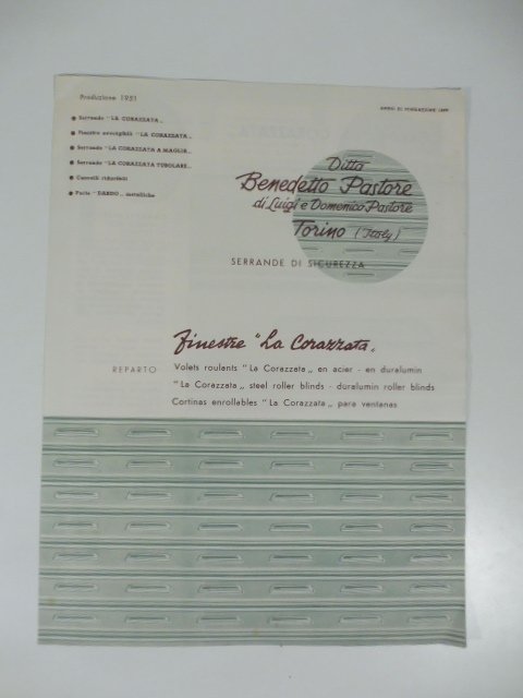 Ditta Benedetto Pastore, Torino. Serrande di sicurezza. Finestre La corazzata. …