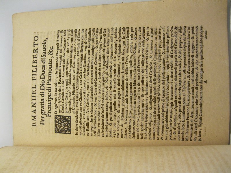 Emanuel Filiberto per gratia di Dio Duca di Savoia, prencipe …