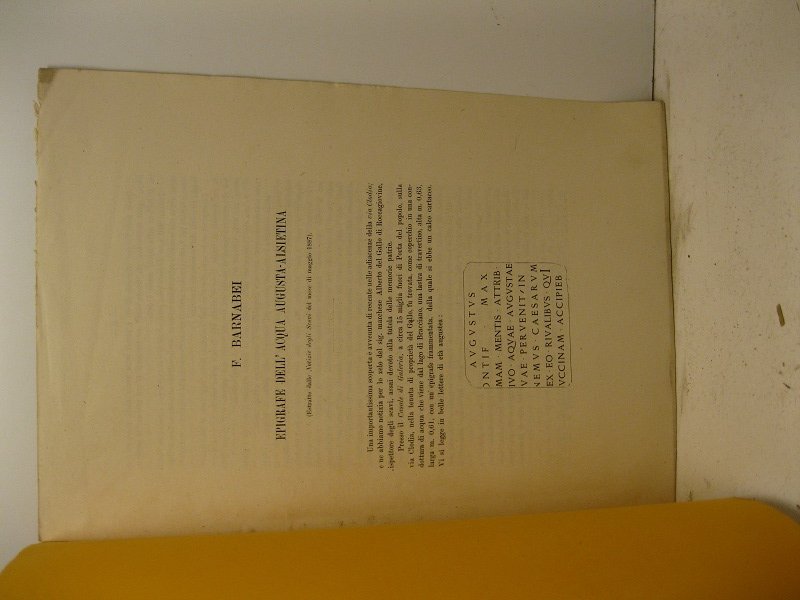 Epigrafe dell'acqua augusta-alsietina Estratto dalle Notizie degli Scavi, maggio 1887