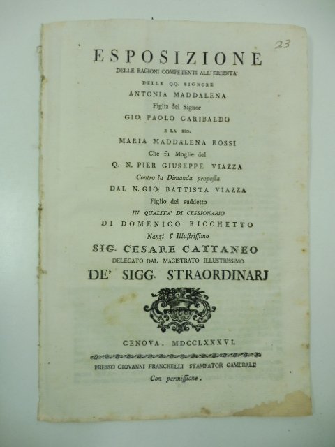 Esposizione delle ragioni competenti all'eredita' delle QQ. Signore Antonia Maddalena …