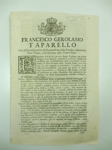 Francesco Gerolamo Taparello conte di Genola. essenosi S.S.R.M. degnata comandarci …