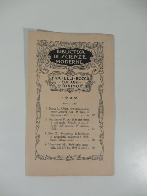 Fratelli Bocca editore. Biblioteca di Scienze moderne. Catalogo 1929