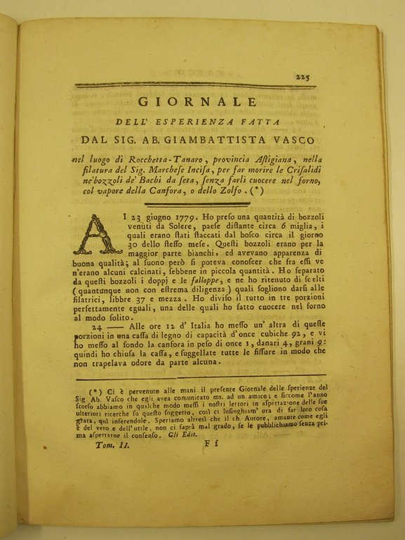 Giornale dell'esperienza fatta dal sig. Giambattista Vasco nel luogo di …