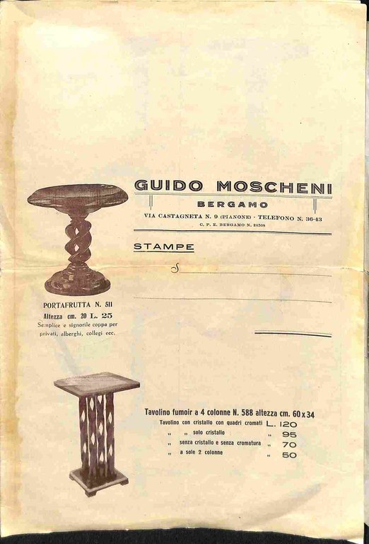 Guido Moscheni, Bergamo. Torciglioni in legno artistici brevettati (pieghevole pubblicitario)