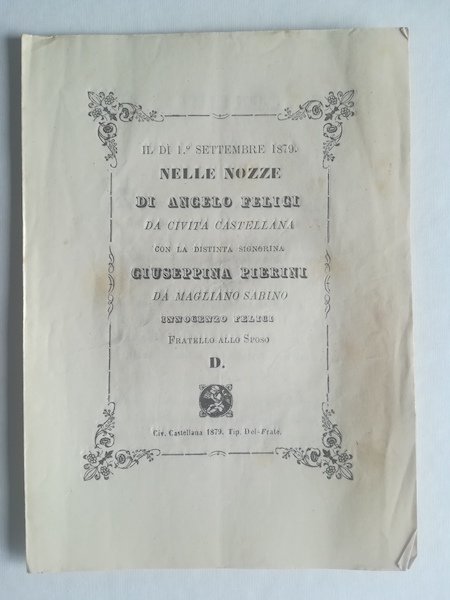 Il di' 1 sttembre 1879 nelle nozze di Angelo Felici …