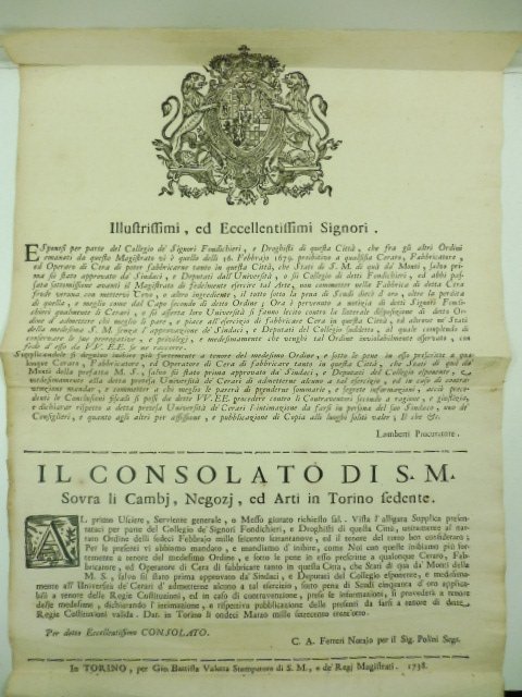 ILLUSTRISSIMI ED ECCELLENTISSIMI SIGNORI. Esponesi per parte del collegio de Fondichieri e droghisti.proibitivo a qualsiasi ceraro di poter fabricare. salvo prima sia stato approvato. dal collegio de fondichieri. 11 marzo 1738