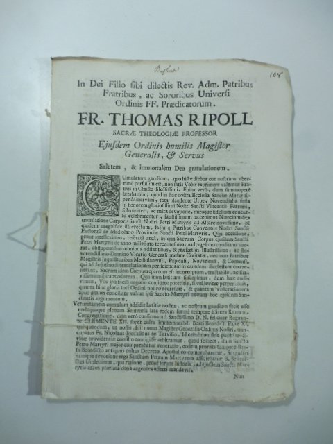In Dei sibi dilectis rev. adm. patribus fratribus Fr. Thomas Ripoll nostri Vincentii Ferrerii translatione corporis Decretum Perusina Canonizatonis B. Benedecti Papae XI