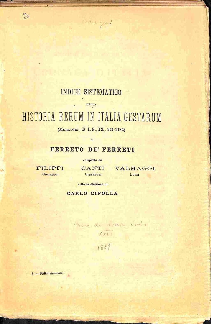 Indice sistematico della Historia rerum in Italia gestarum (Muratori, R.I.S., …