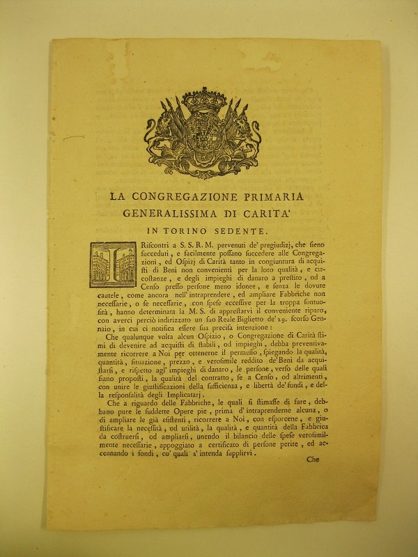 La Congregazione primaria generalissima di carita' in Torino sedente.