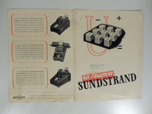 La nuova addizionatrice scrivente portatile Underwood Sunstrand. Pieghevole pubblicitario