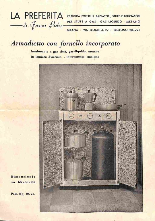 La Preferita di Ferrari Pietro. Armadietto con fornello incorporato (foglio pubblicitario)