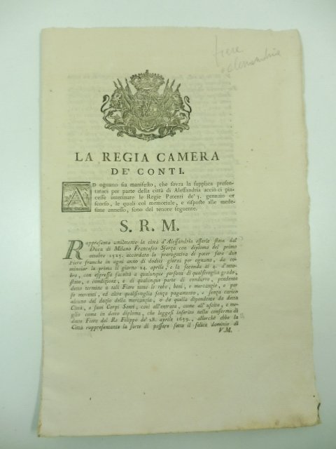 La Regia camera dei conti. Ad ognuno sia manifesto che …