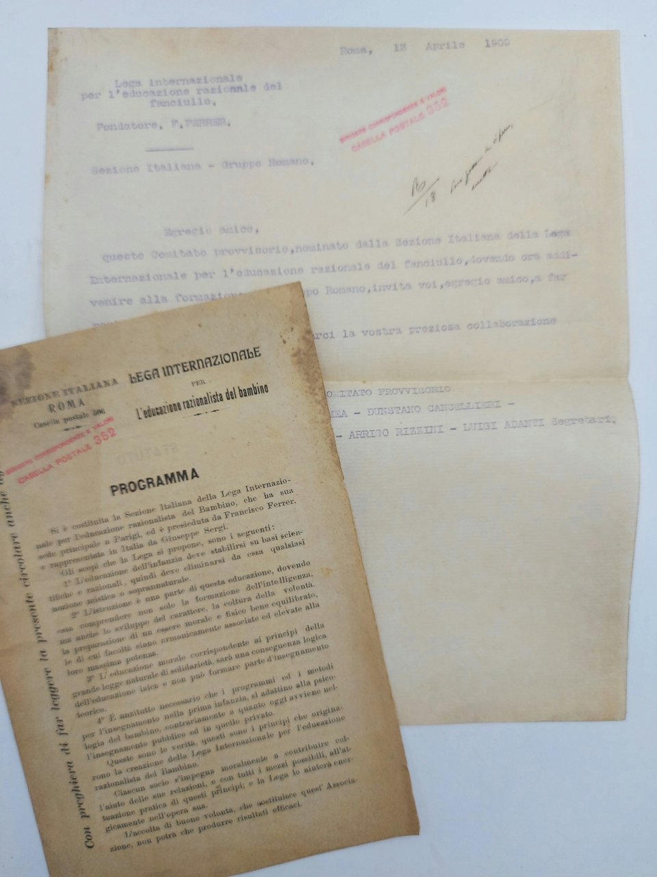 Lega internazionale per l'educazione razionalista del bambino. Sezione italiana, Roma. …