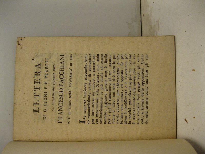 Lettera al Chiarissimo Sig. Dot. Francesco Pacchiani P.P. di fisica …