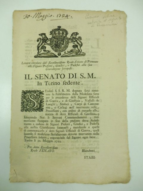 Lettera circolare dell'Eccellentissimo Reale Senato di Piemonte alli Signori Prefetti, …