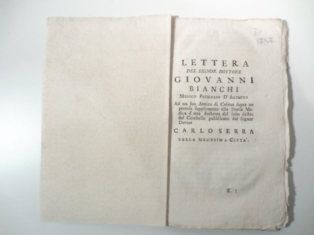 Lettera del signor dottore Giovanni Bianchi medico primario d'Arimino ad … | Immagine principale