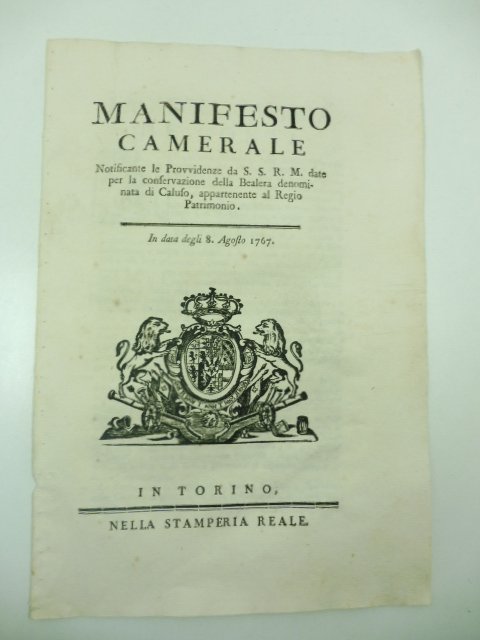 Manifesto camerale notificante le provvidenze da S. S. R. M. …