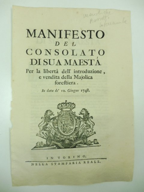 Manifesto del consolato di Sua Maesta' per la liberta' dell'introduzione …