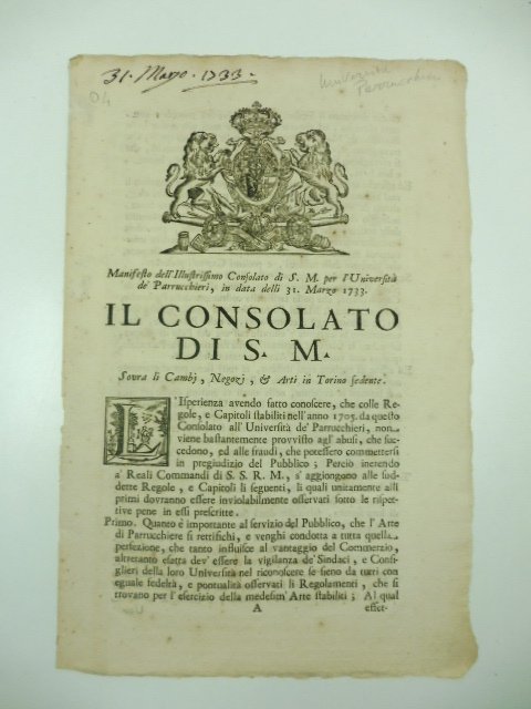 MANIFESTO DELL'ILLUSTRISSIMO CONSOLATO DI S. M. PER L'UNIVERSITA' DE' PARRUCCHIERI …
