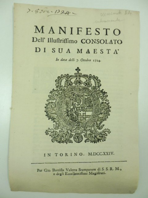 Manifesto dell'illustrissimo consolato di Sua maesta' in data delli 7 …