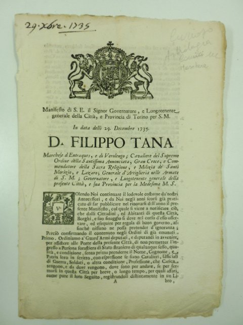 Manifesto di S. E. il Signor Governatore e Luogotenente generale …