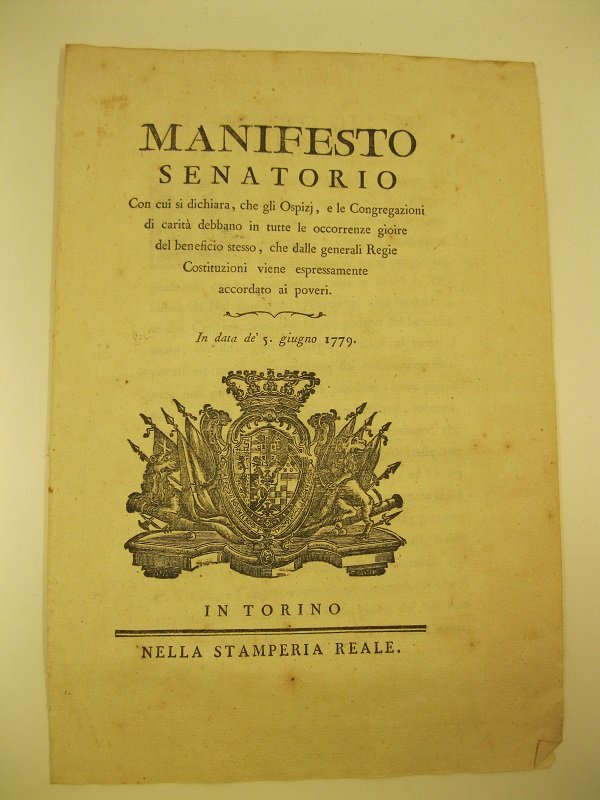 Manifesto senatorio con cui si dichiara, che gli Ospizj, e … | Immagine principale