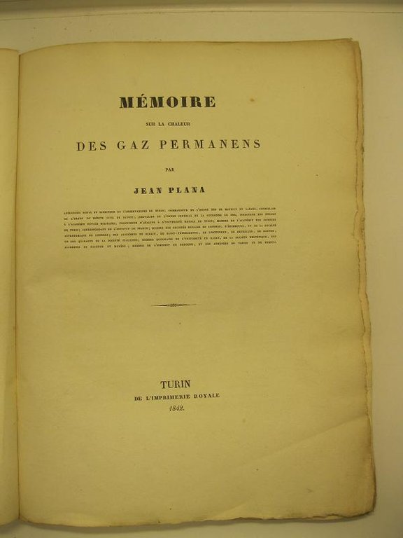 Memoire sur le chaleur des gaz permanens par J. Plana