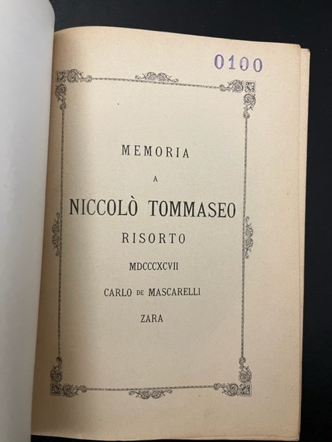 Memoria a Niccolo' Tommaseo risorto MDCCCXCVII