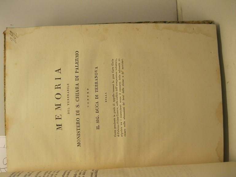 Memoria del venerabile Monistero di S. Chiara di Palermo contro il sig. Duca di Terranova nella causa pendente in grado di appello innanzi la gran Corte Civile di Palermo.