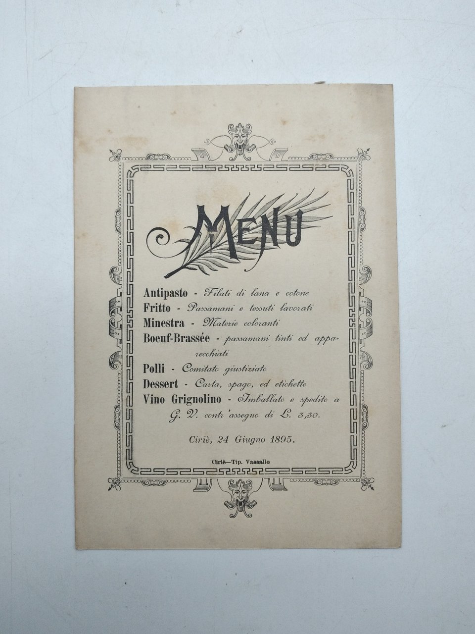 Menu'. Cirie' 24 giugno 1895