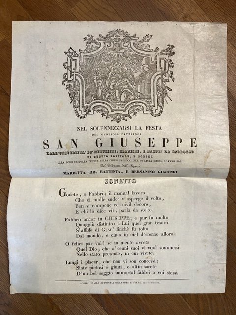 Nel solennizzarsi la festa del glorioso patriarca San Giuseppe dall'Universita' de' Minusieri, Ebanisti e maestri di carrozze di questa Capitale e Borghi.Sonetto