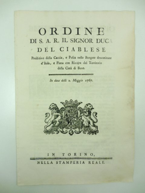 Ordine di S. A. R. il signor duca di Ciablese …