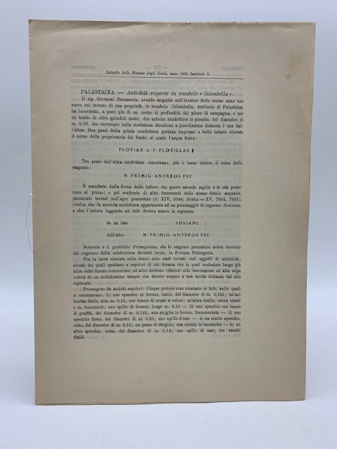 Palestrina. Antichita' scoperte in vocabolo Colombella