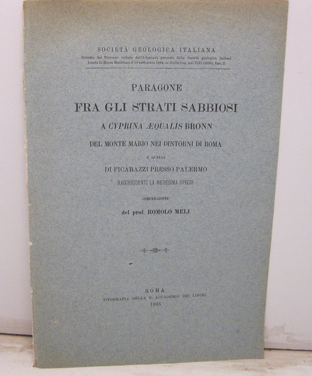 Paragone fra gli strati sabbiosi a Cyprina Aequalis Bronn del Monte Mario nei dintorni di Roma e quelli di Ficarazzi presso Palermo, racchiudenti la medesima specie. Comunicazione del prof. Romolo Meli