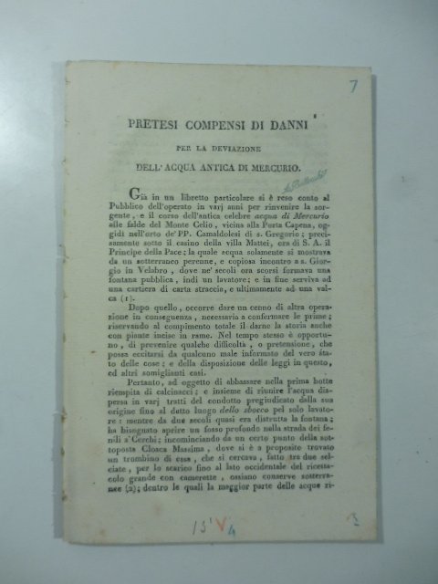 Pretesi compensi di danni per la deviazione dell'acqua antica di …