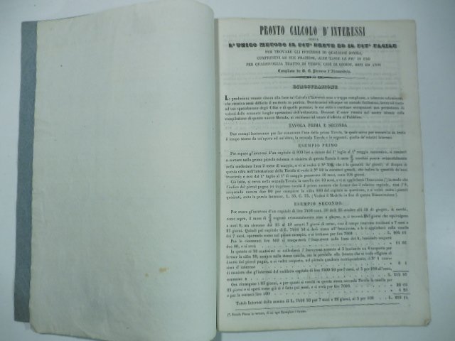Pronto calcolo d'interessi ossia l'unico metodo il piu' breve ed il piu' facile per trovare gli interessi di qualsiasi somma .Compilato da g, B, Piovano d'Alessandria