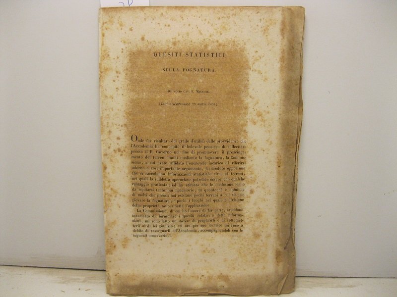 Quesiti statistici sulla fognatura letto nell'adunanza 29 marzo 1856