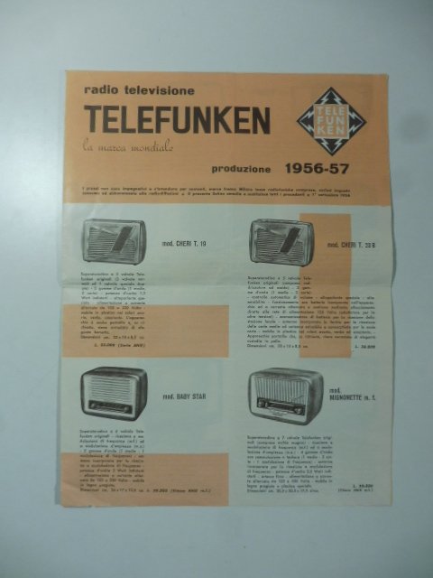 Radio televisione Telefunken. Produzione 1956-57. Pieghevole pubblicitario