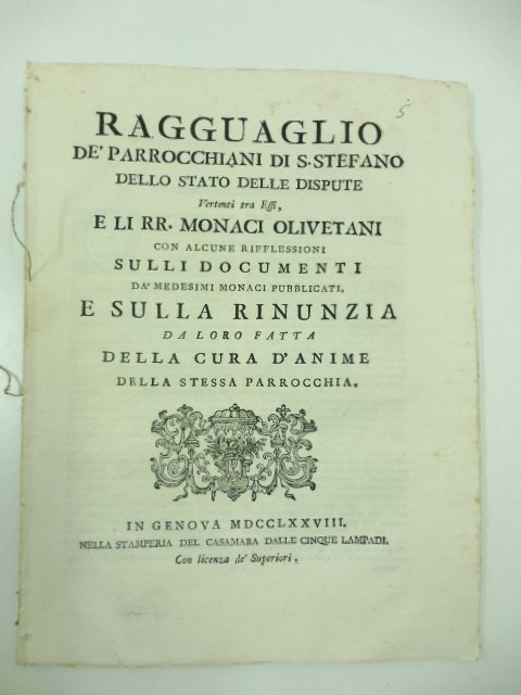 Ragguaglio de' parrocchiani di S. Stefano dello stato delle dispute …