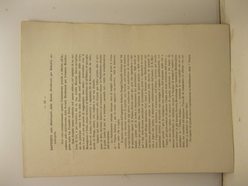 Rapporto sullo stabilimento della Societa' Meridionale per Industrie metallurgiche