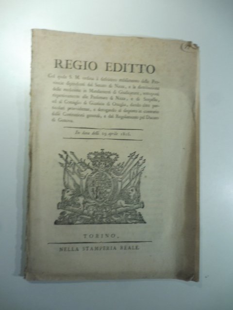 Regio editto col quale S. M. ordina il definitivo stabilimento …