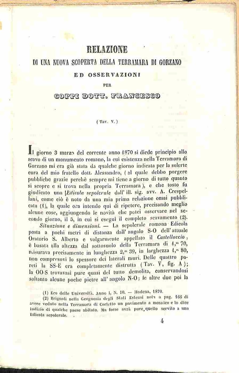 Relazione di una nuova scoperta della Terramara di Gorzano