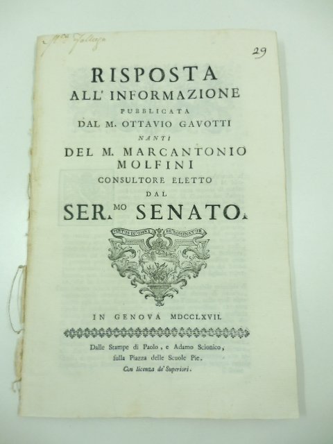 Risposta all'informazione pubblicata dal M. Ottavio Gavotti nanti del m. …