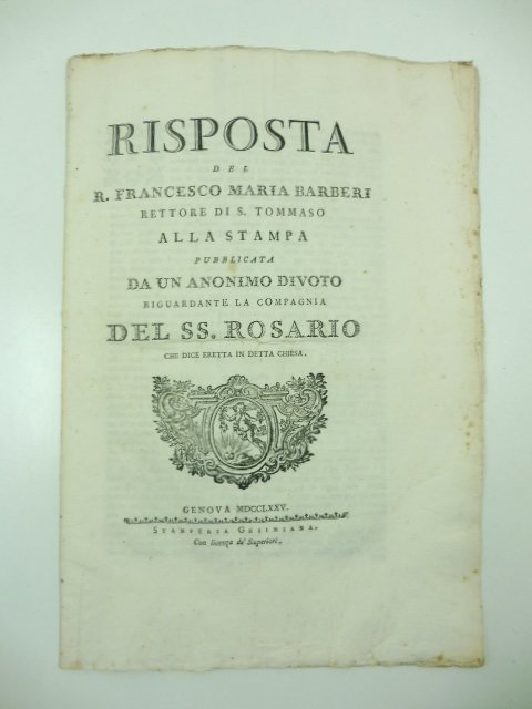 Risposta del R. Francesco Maria Barberi rettore di S. Tommaso …