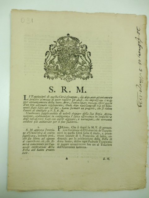 S.R.M. Li tapizzieri di questa citta' espongono. che al mezzo …