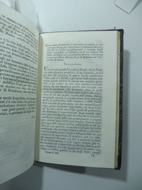 Saggi per determinare l'influenza che esercita la luce nelle manifestazioni e sviluppi degli esseri vegetabili e animali la cui origine era stata attribuita. (Stralcio da: Nuovo giornale de' letterati. N. 81. 1835)
